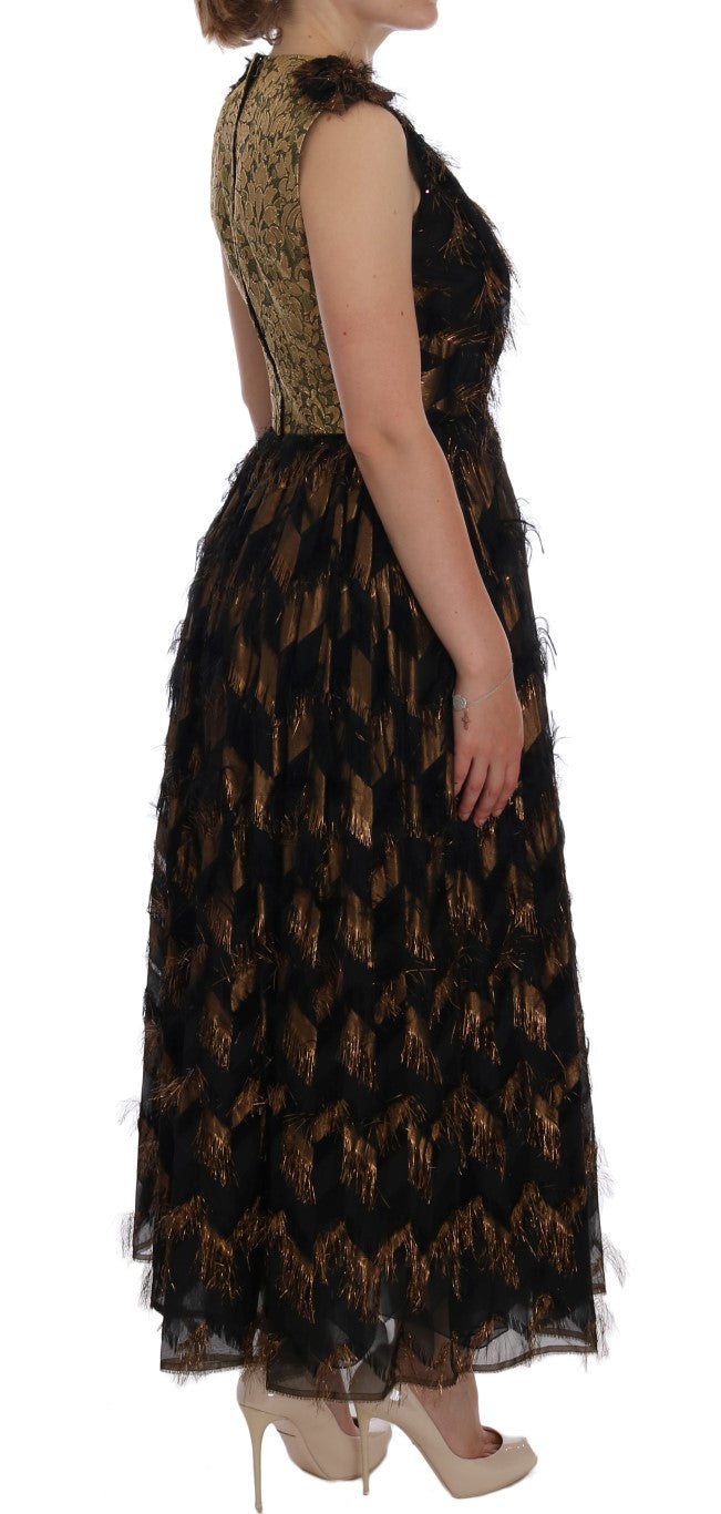 Black Silk Brown Fringes A-Line Dress