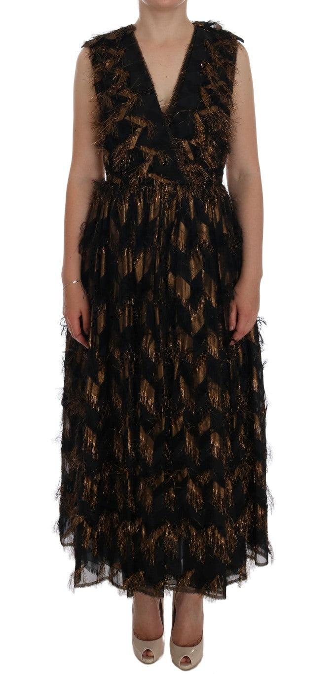 Black Silk Brown Fringes A-Line Dress