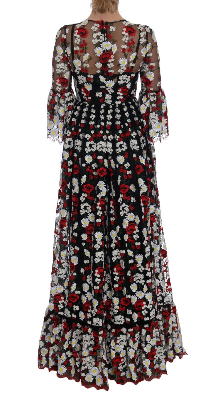 Black Chamomile Roses Embroidered Dress