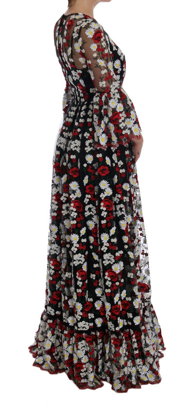 Black Chamomile Roses Embroidered Dress