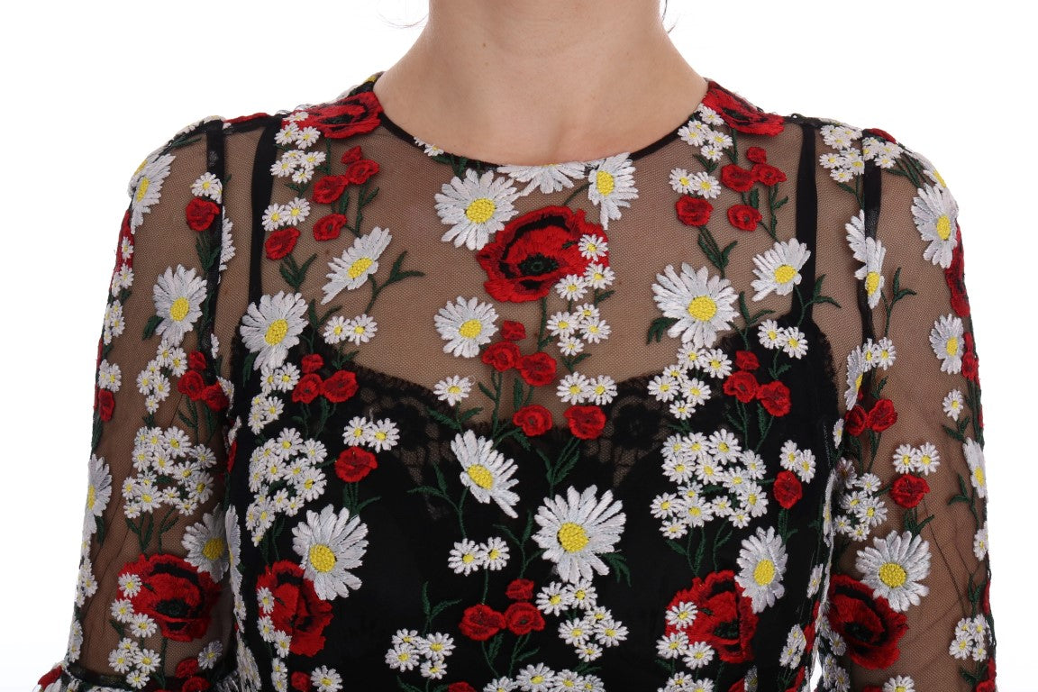 Black Chamomile Roses Embroidered Dress