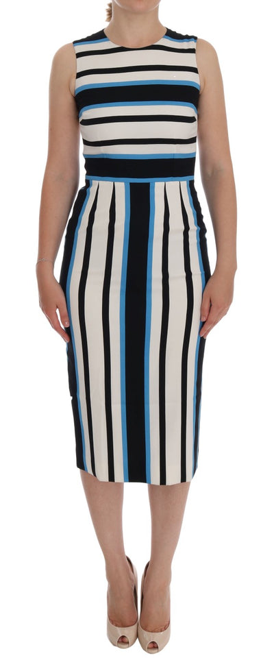 Blue White Striped Silk Stretch Sheath Dress