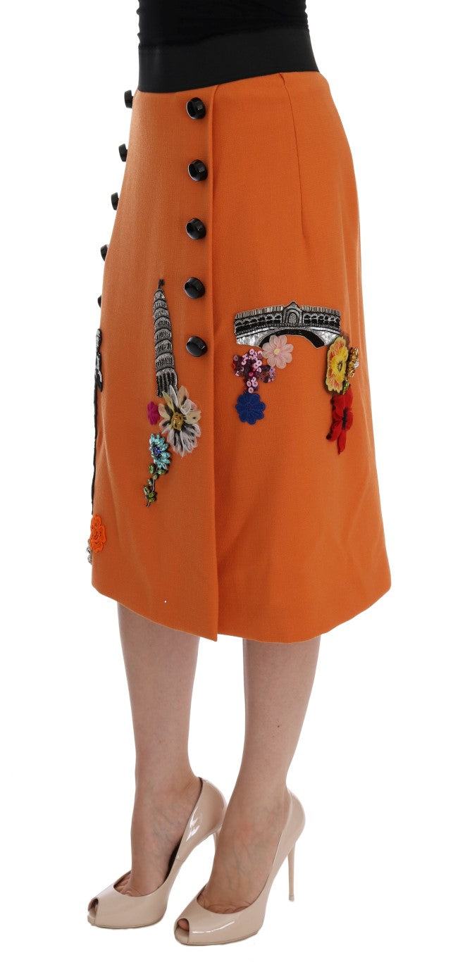 Orange Wool Crystal Sequin Appliques Skirt