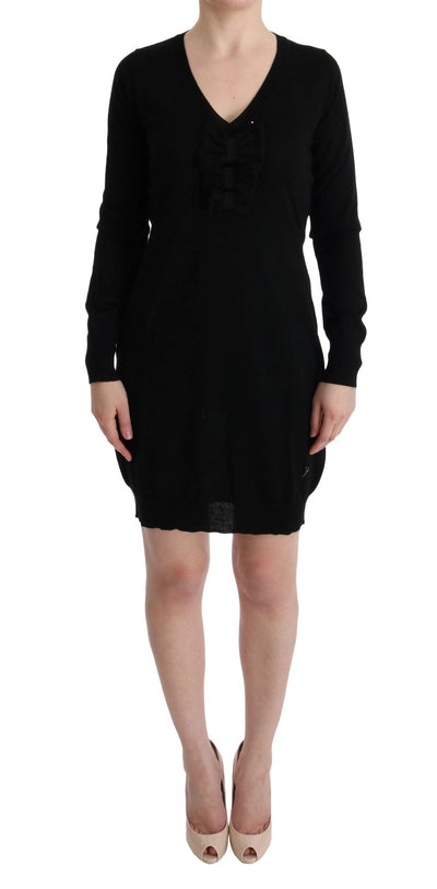 Black Wool Long Sleeve Shift Dress