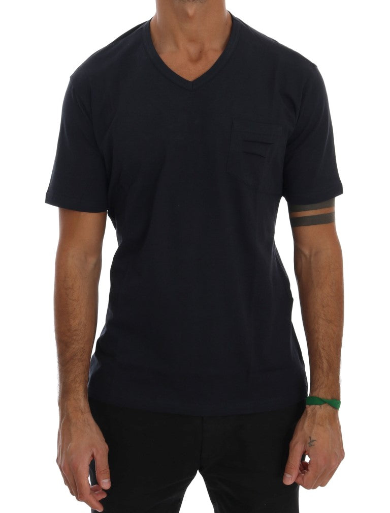 Blue Cotton V-neck T-Shirt