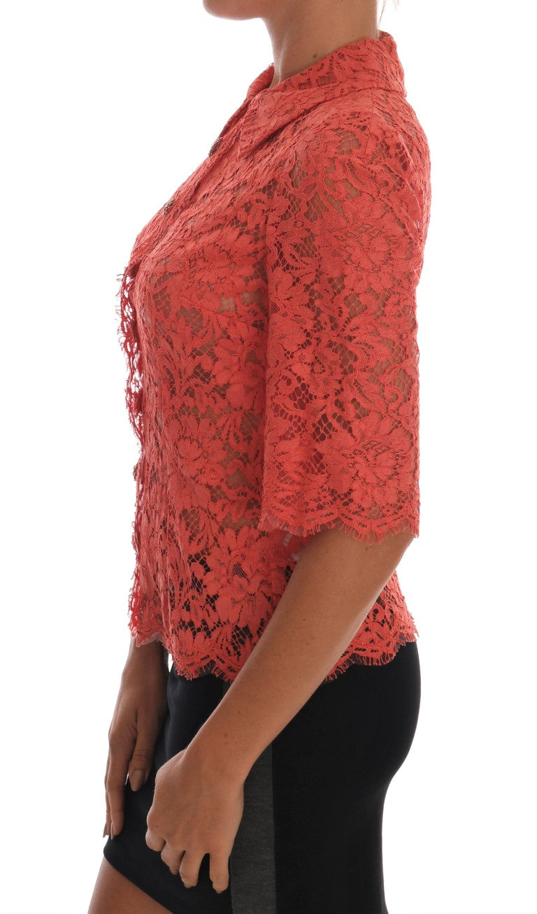 Orange Crystal Buttons Floral Lace Blouse