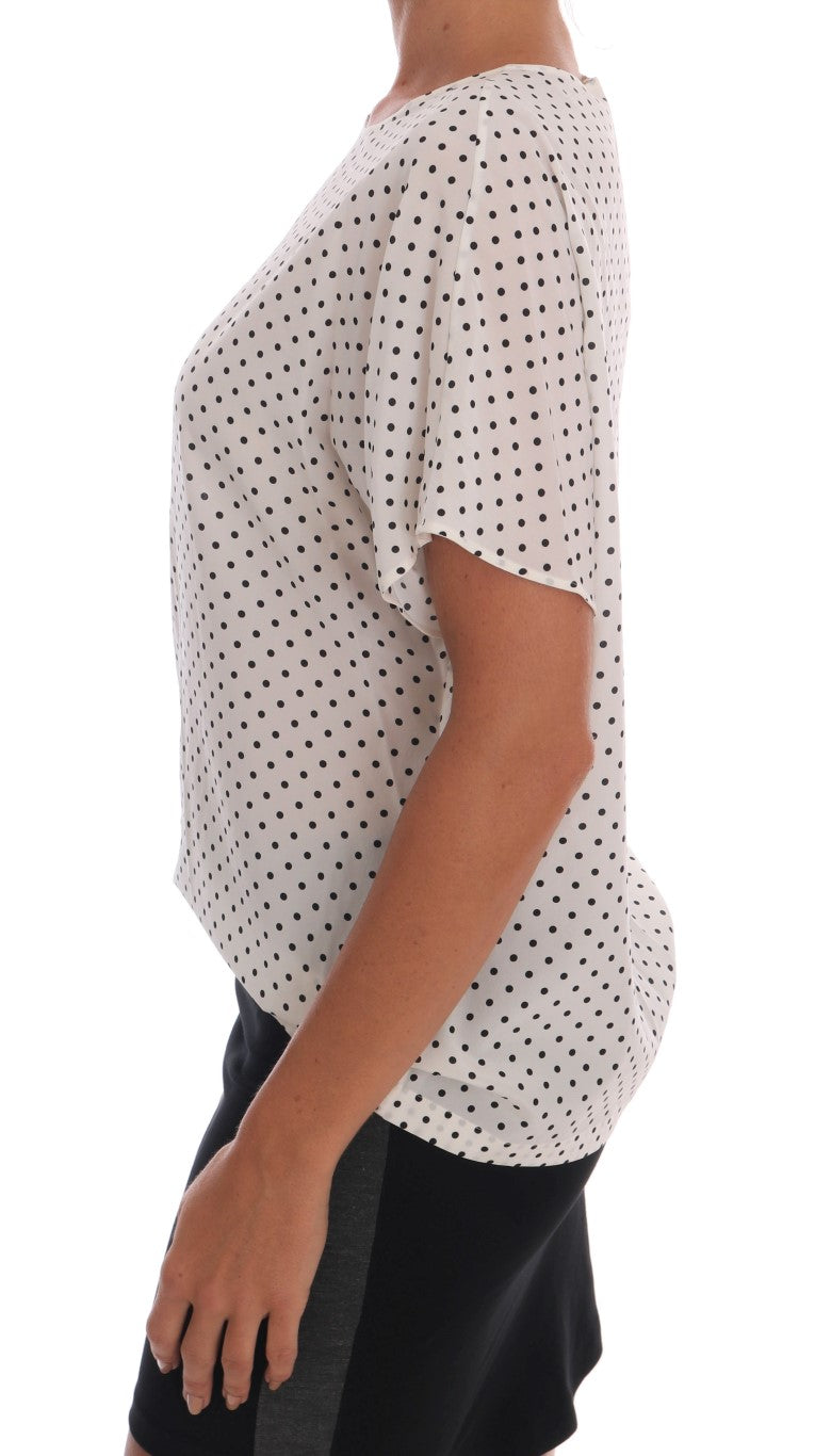 White Polka Dotted Silk T-shirt Top