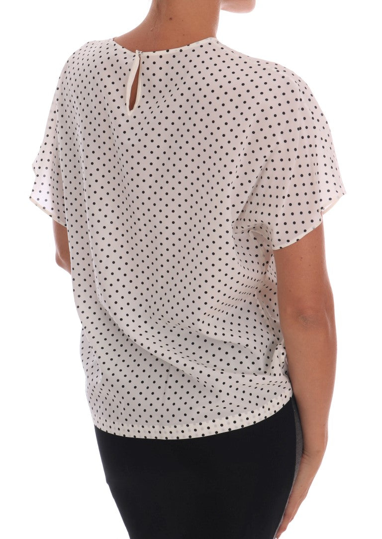 White Polka Dotted Silk T-shirt Top