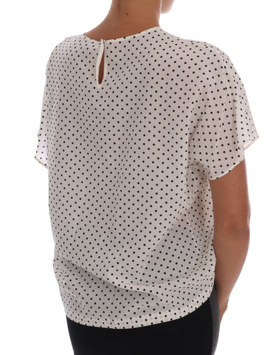 White Polka Dotted Silk T-shirt Top