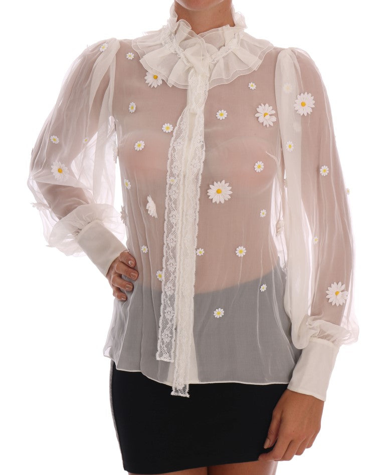 White Daisy Applique Silk Shirt