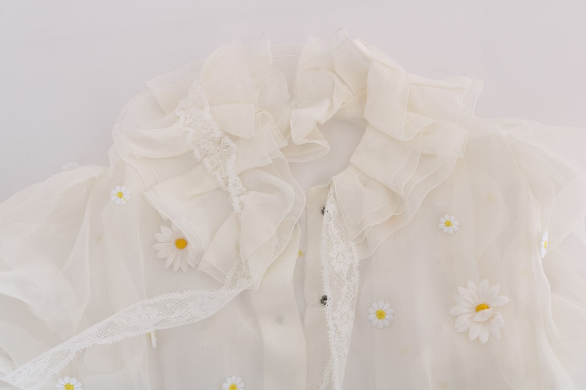 White Daisy Applique Silk Shirt