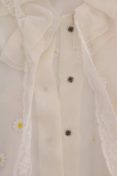 White Daisy Applique Silk Shirt