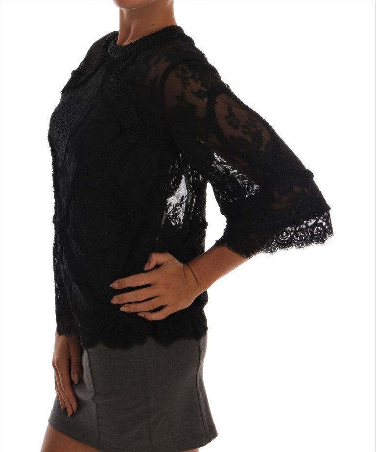 Black Floral Lace Cutout Silk Top