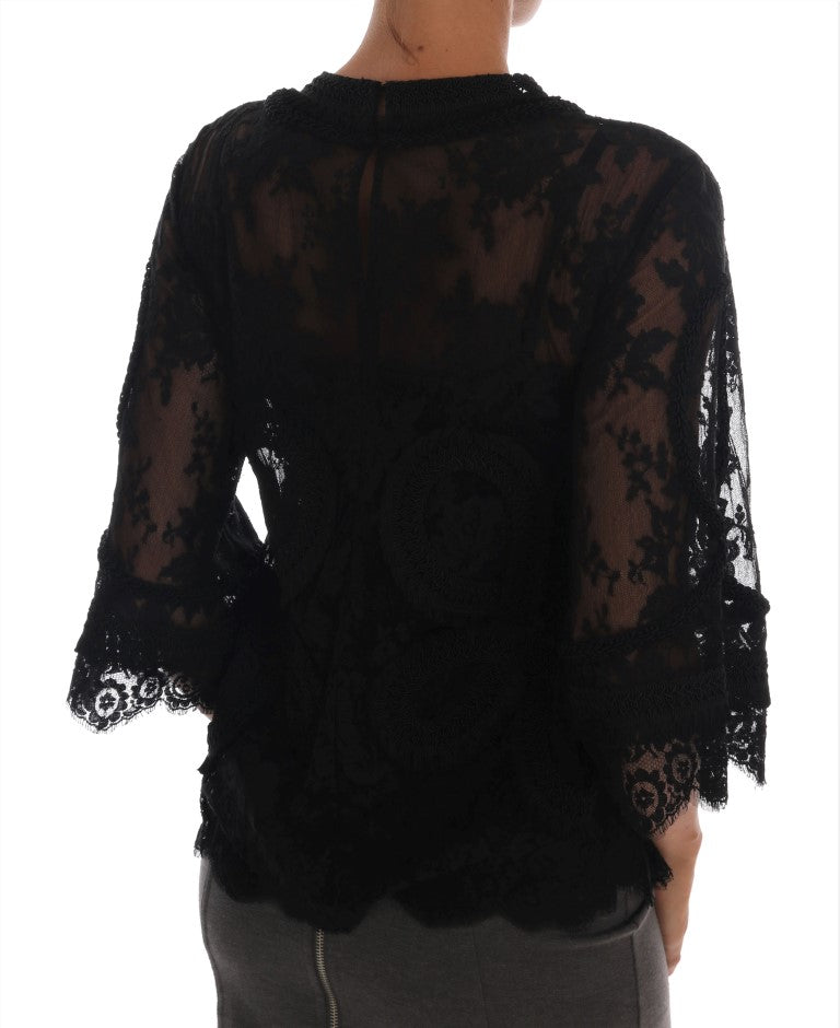 Black Floral Lace Cutout Silk Top