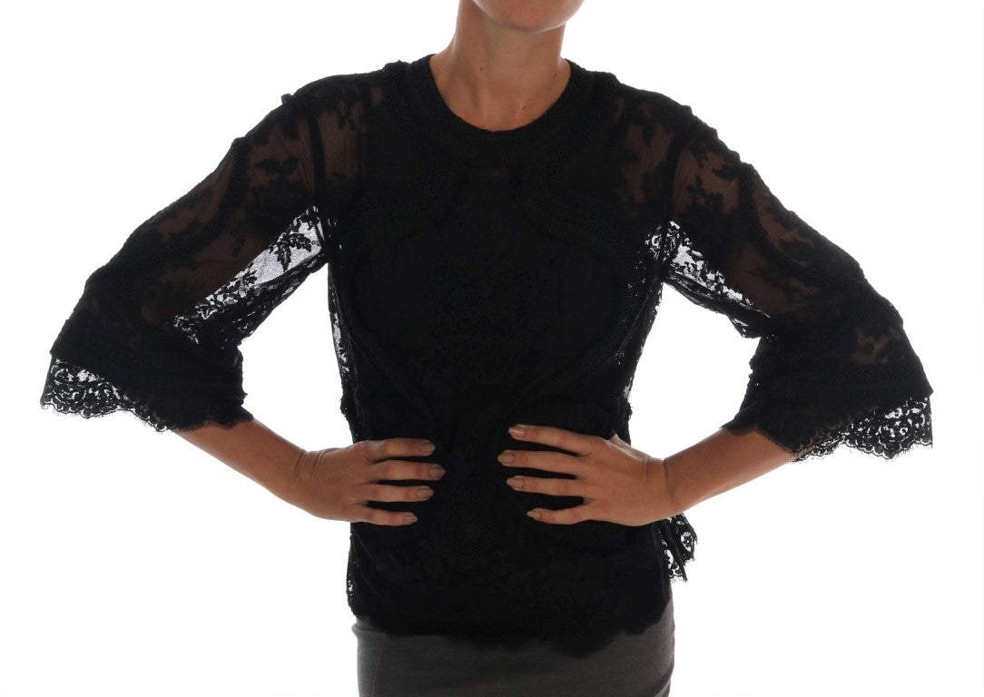 Black Floral Lace Cutout Silk Top