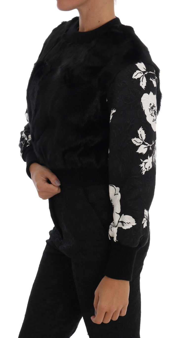 Black Fur Floral Brocade Zipper Sweater