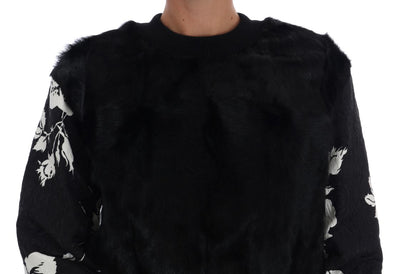 Black Fur Floral Brocade Zipper Sweater