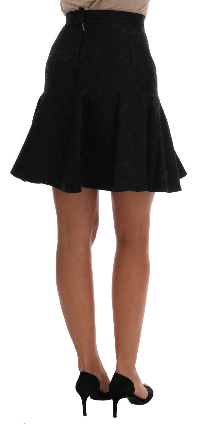 Black Floral Jacquard Silk A-Line Skirt