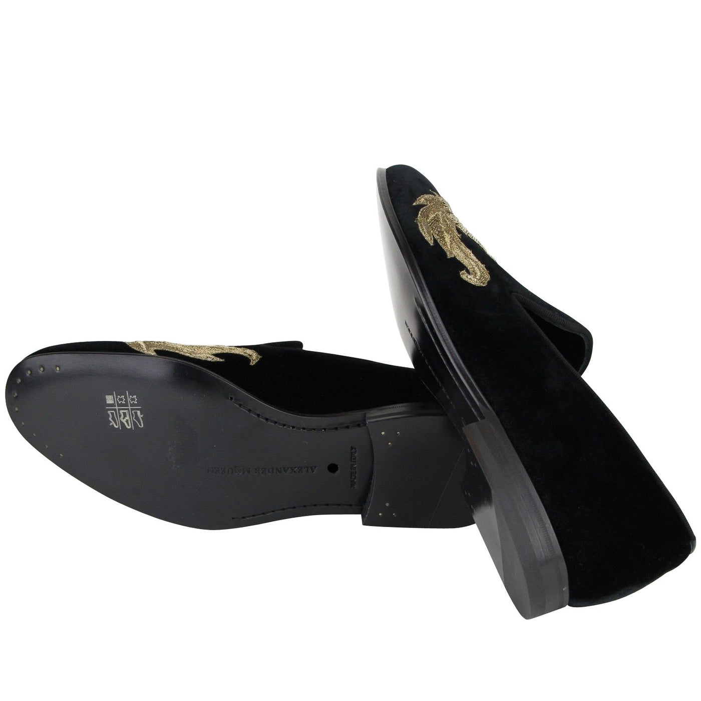 Alexander McQueen Men's Gold Embroidered Detail Black Velvet Slip On Shoes