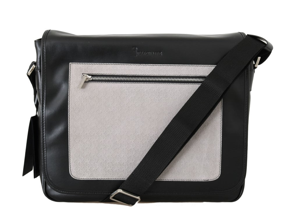 Black Gray Leather Messenger Shoulder Bag