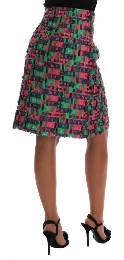 Pink Green Jacquard Pencil Skirt