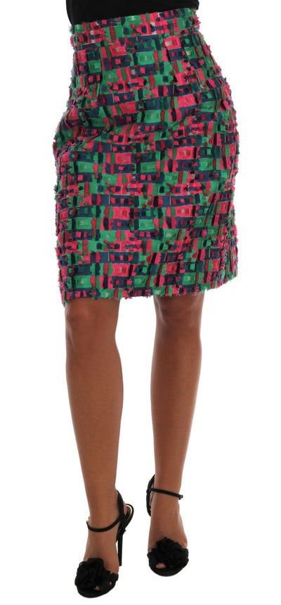 Pink Green Jacquard Pencil Skirt