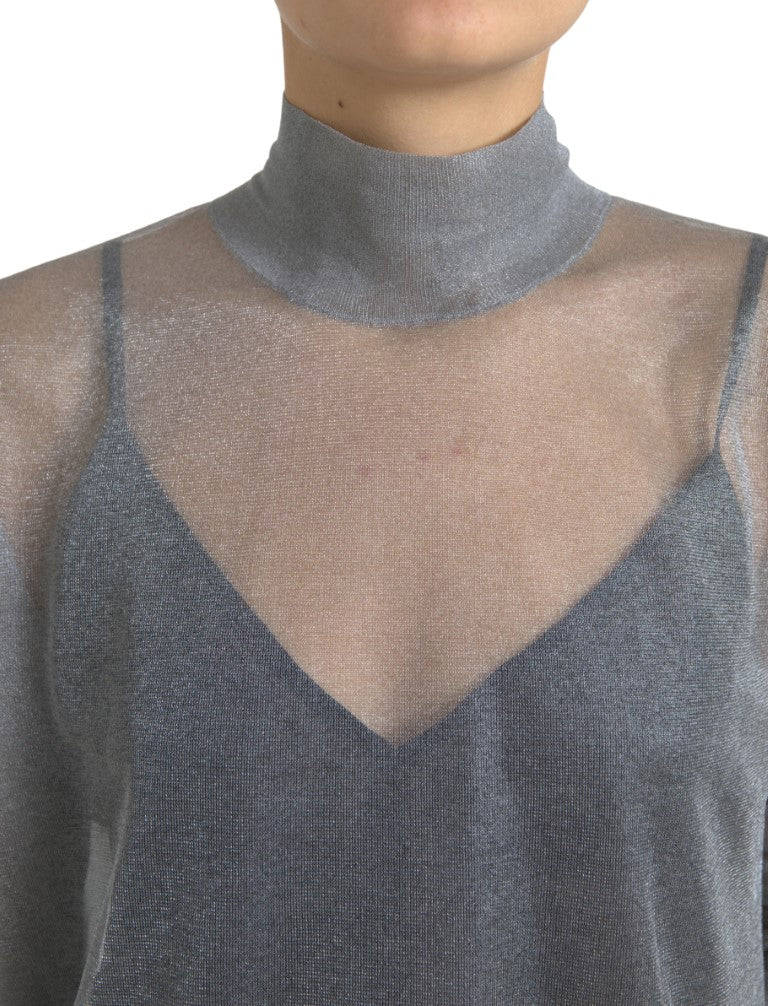 Gray Mesh Turtleneck Long Sleeve Blouse Top