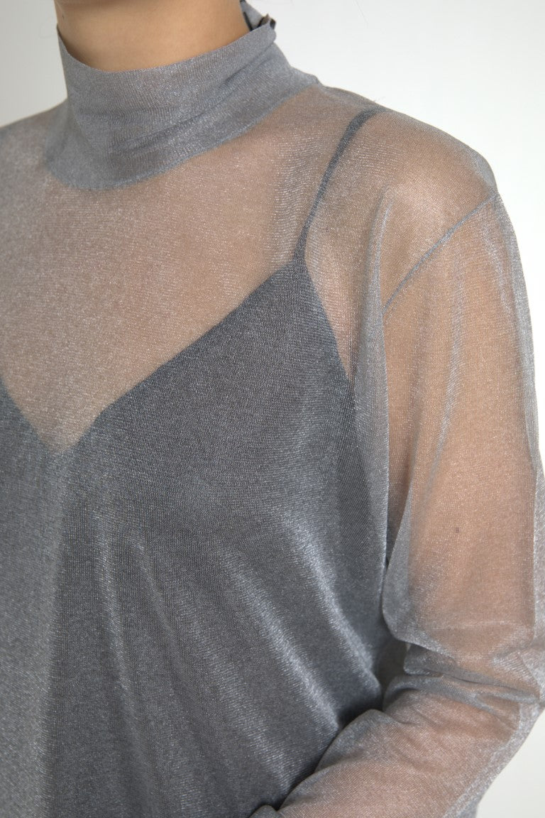 Gray Mesh Turtleneck Long Sleeve Blouse Top