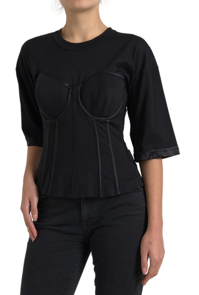 Black Cotton Corset Short Sleeves Tee Top