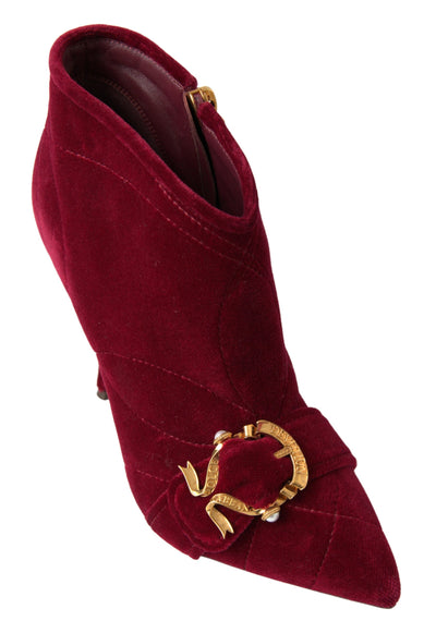 Burgundy Cotton Blend Velvet Ankle Boots Heel Shoes