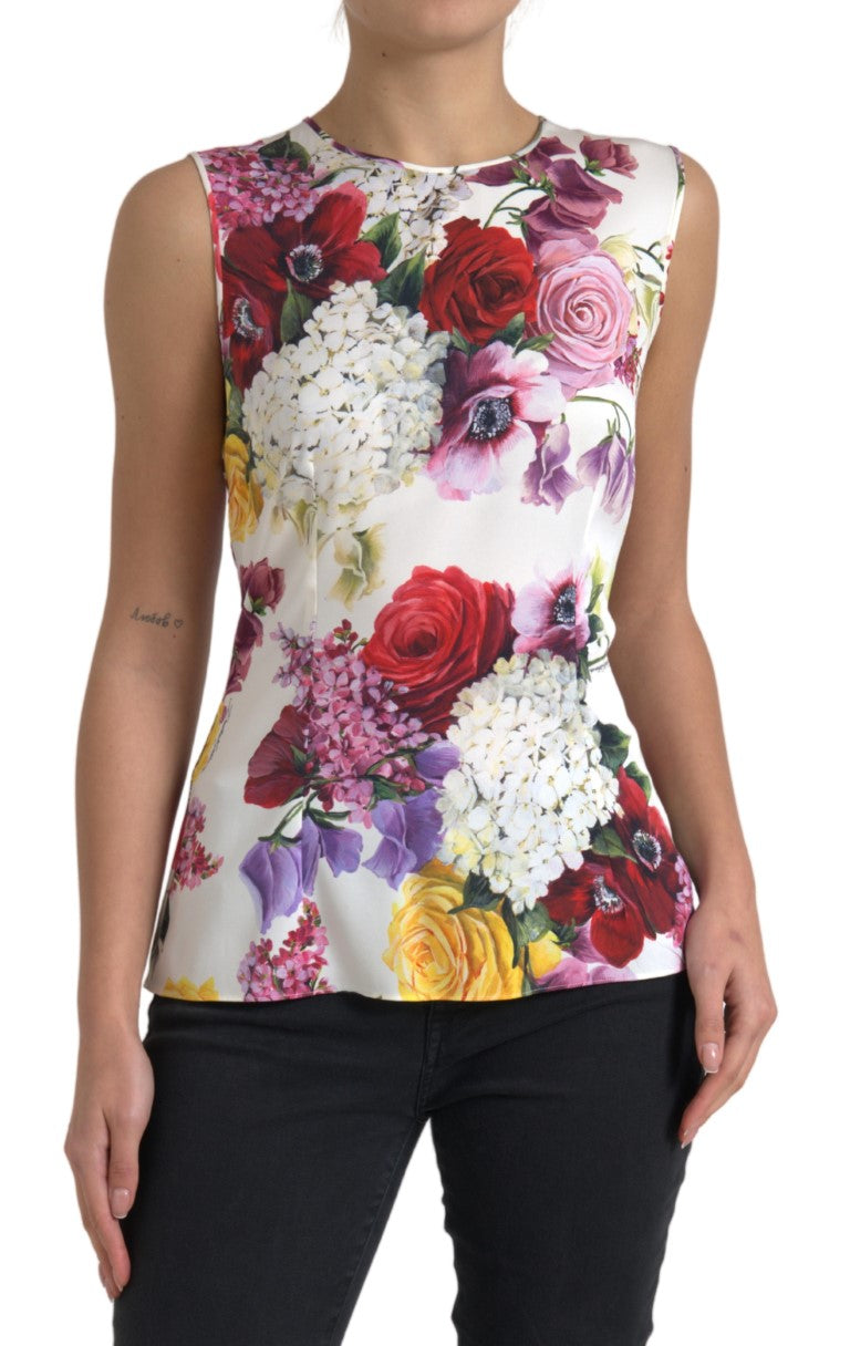 White Floral Silk Sleeveless Tank Blouse Top