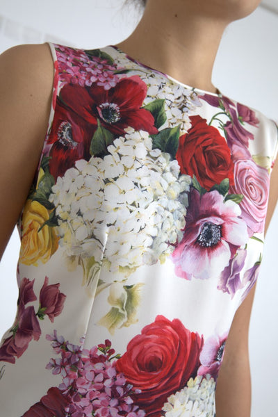 White Floral Silk Sleeveless Tank Blouse Top