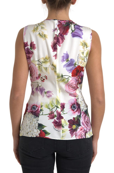 White Floral Silk Sleeveless Tank Blouse Top