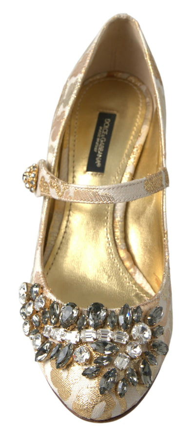 Gold Brocade Crystal Block Heel Sandals Shoes