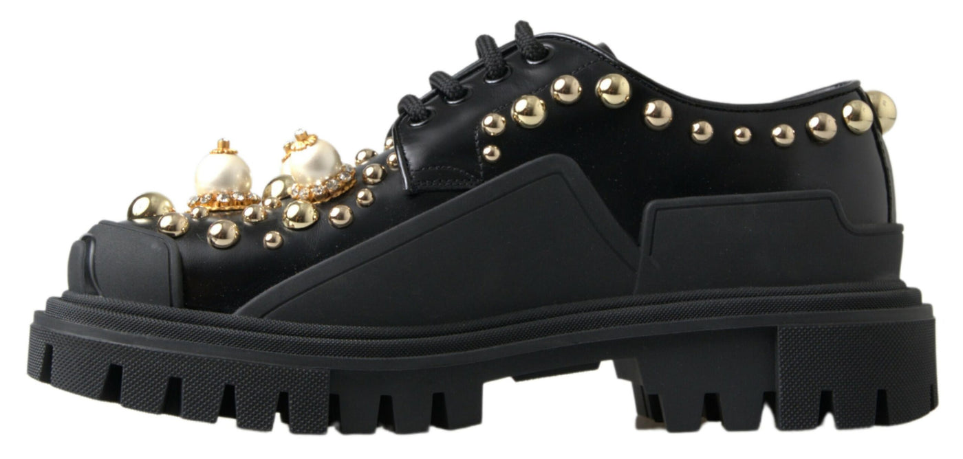 Black Leather Faux Pearl Studded Dress Shoes