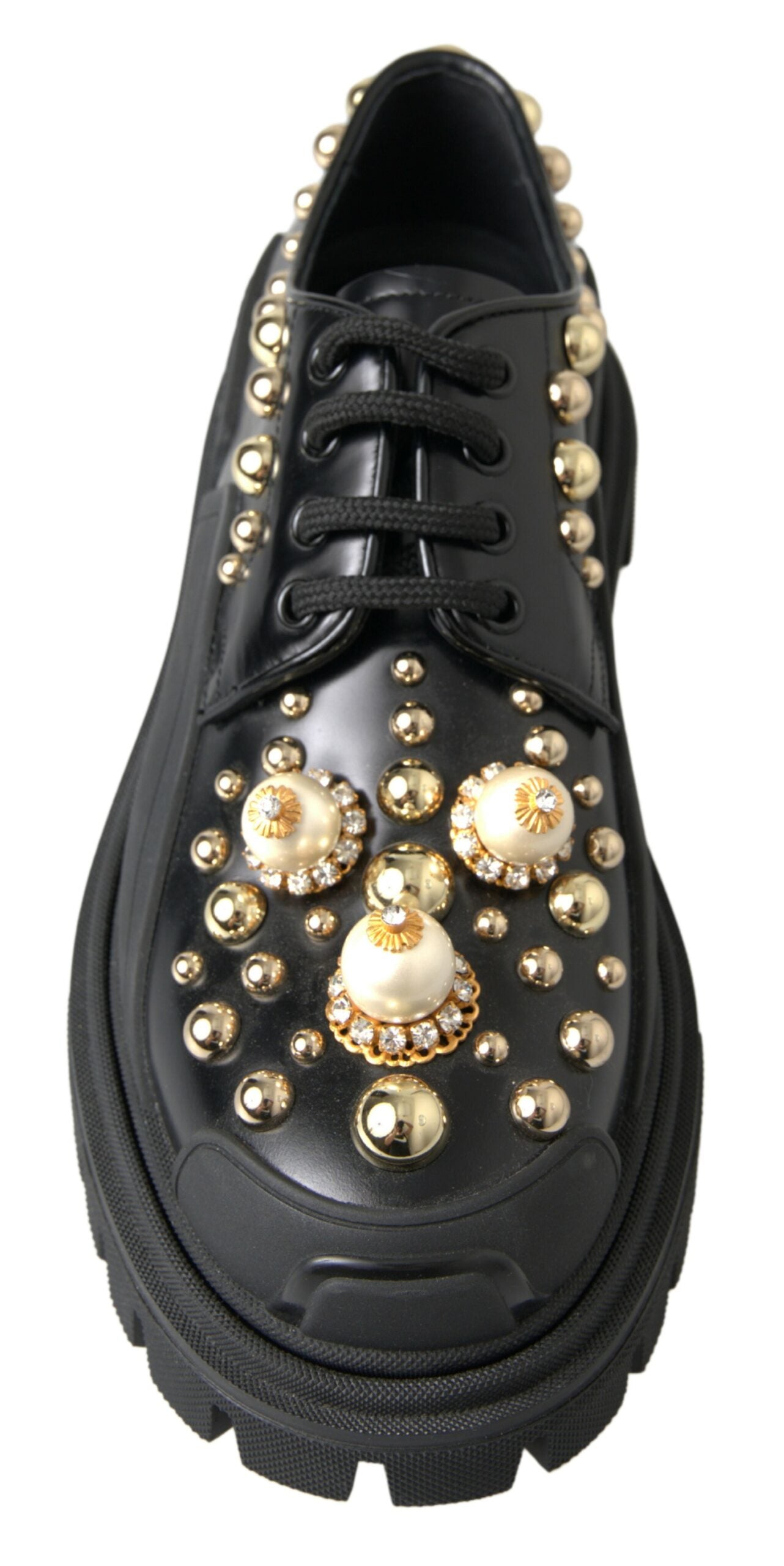 Black Leather Faux Pearl Studded Dress Shoes