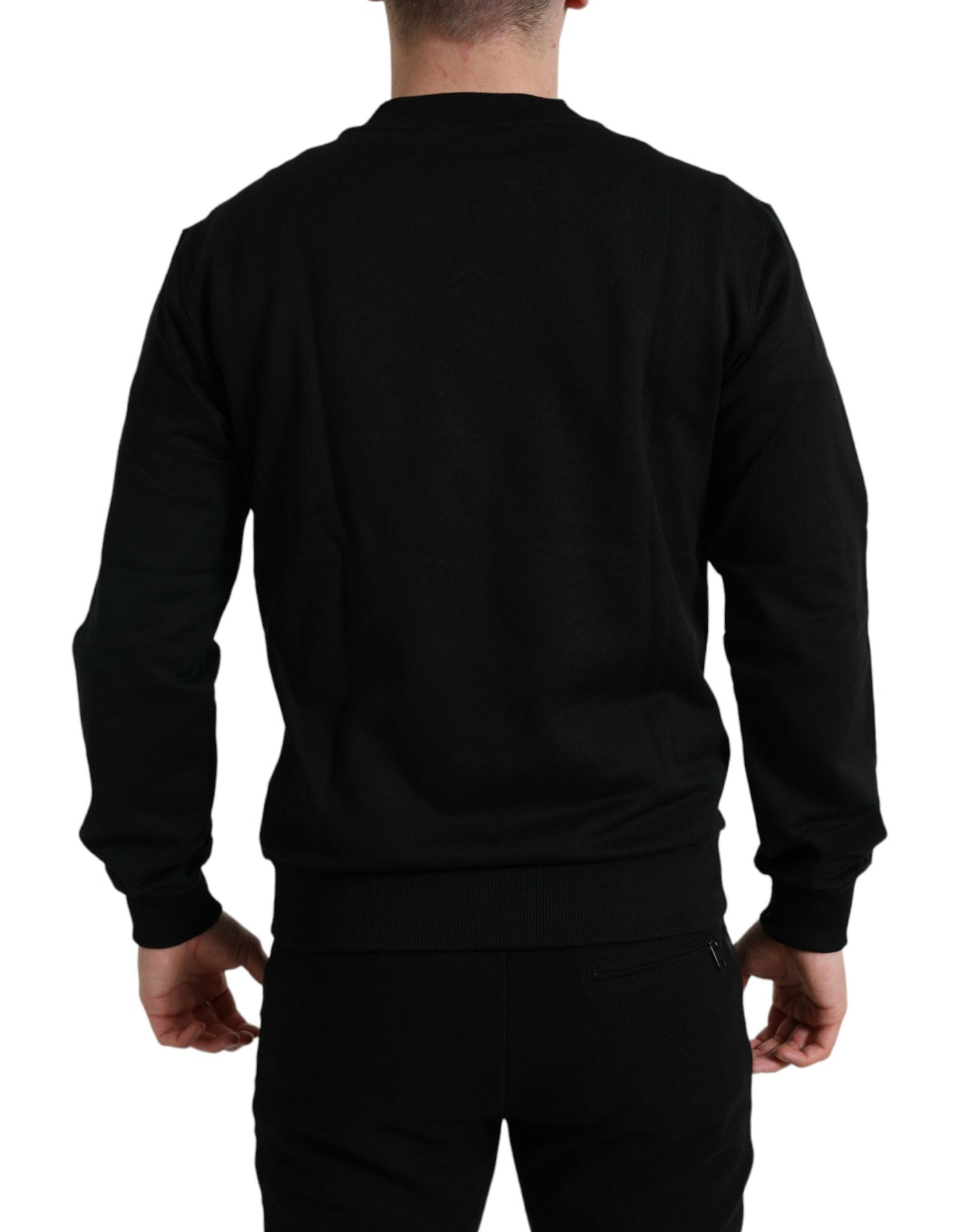 Black Cotton Round Neck Pullover Logo Sweater