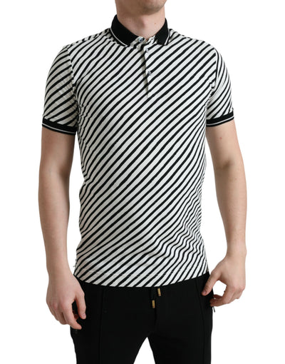 Black White Striped Cotton Polo T-shirt