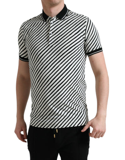 Black White Striped Cotton Polo T-shirt