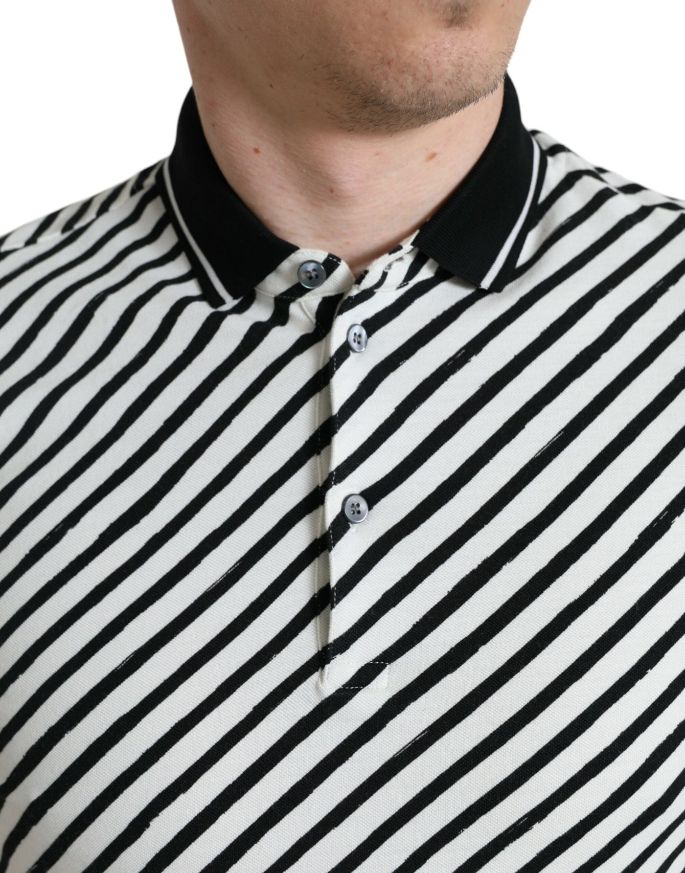 Black White Striped Cotton Polo T-shirt