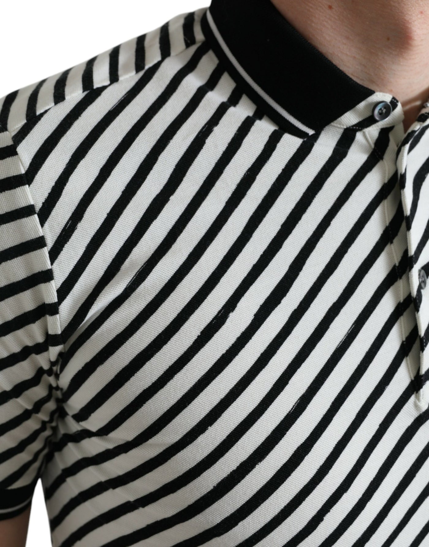 Black White Striped Cotton Polo T-shirt