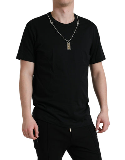 Black Cotton Dog Tag Round Neck T-shirt