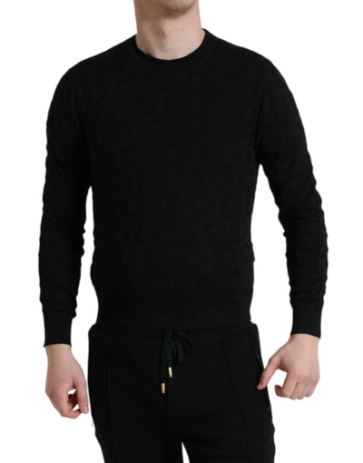 Black Silk Crew Neck Men Pullover Sweater