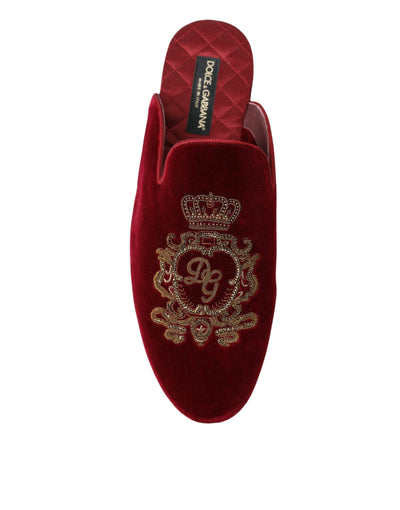 Bordeaux Velvet Gold Crown Embroidery Slides Shoes