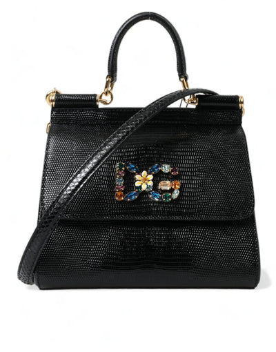 Black SICILY Leather Crystal Top Handle Shoulder Bag