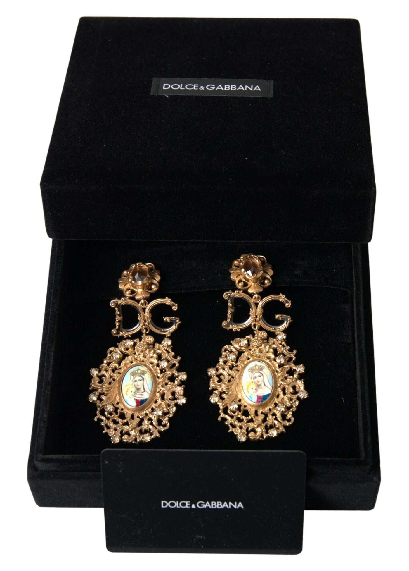 Gold Tone Brass Crystal Mama Mary Drop Dangling Earring