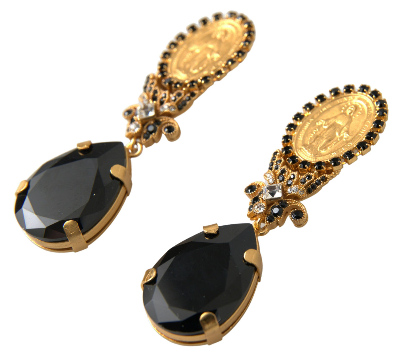 Gold Tone Brass Black Crystal Madonna Drop Stud Earring