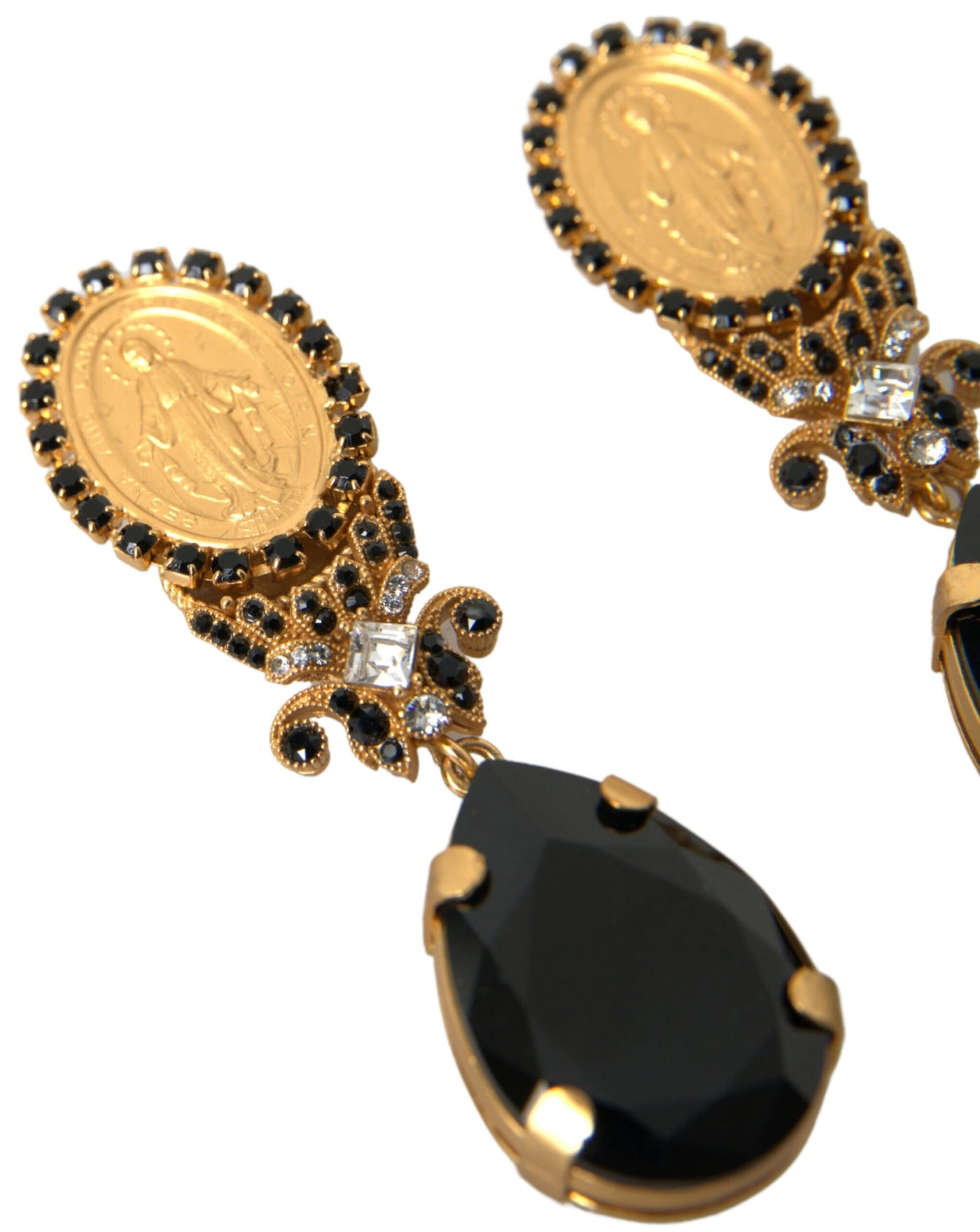 Gold Tone Brass Black Crystal Madonna Drop Stud Earring