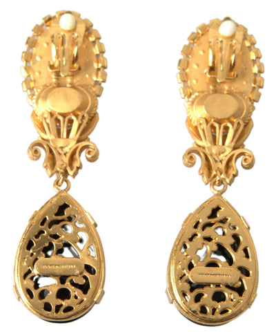 Gold Tone Brass Black Crystal Madonna Drop Stud Earring