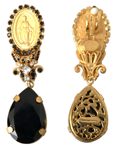 Gold Tone Brass Black Crystal Madonna Drop Stud Earring